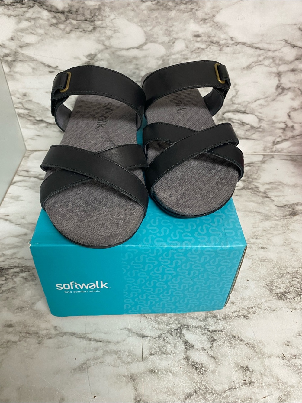 SoftWalk Black Cross-Strap Comfort Sandals